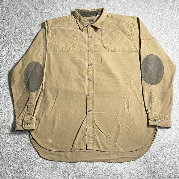 LL Bean Shirt Mens XL Beige Shooting Padded Elbow Patch Outdoor Hunting Work - Picture 1 of 13
